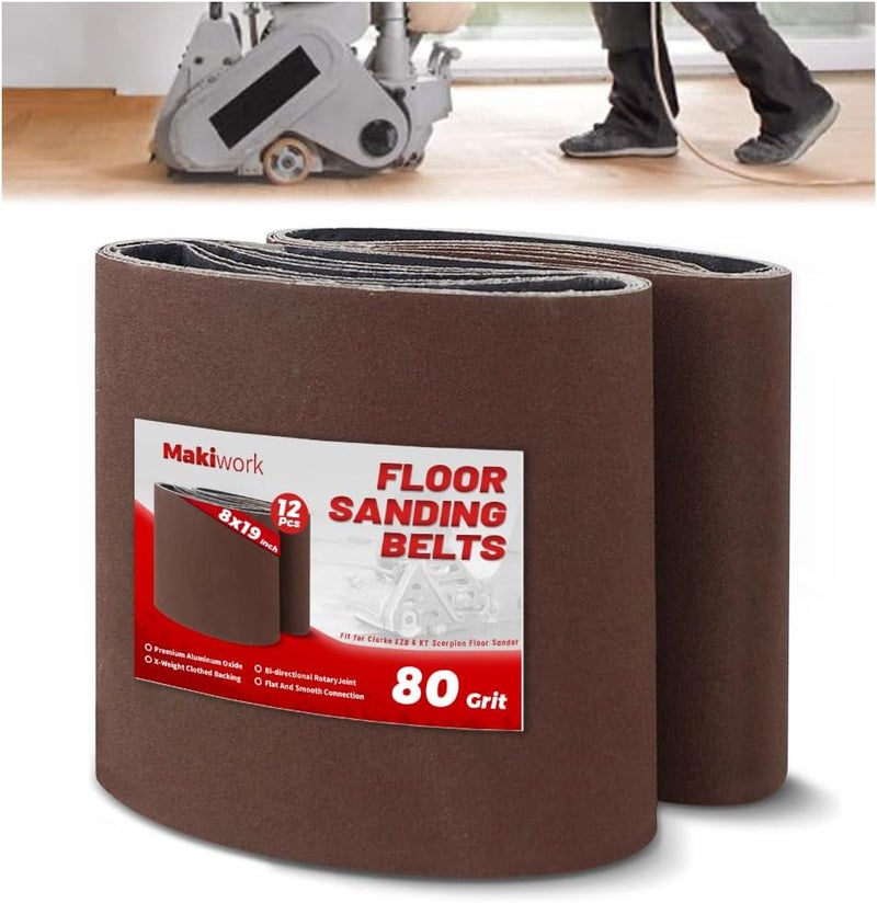 makiwork 8 inch x 19 inch 80 Grit Sanding Belts, 12 Pack, EZ 8 Drum Sander Sandpaper Rolls for Woodworking and Floor Polishing, Aluminum Oxide Sander Sleeves - Image 1